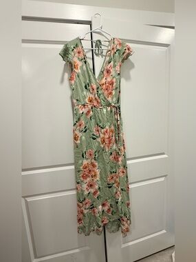 Sage Green Floral Wrap Maxi Dress with Pink Blossoms